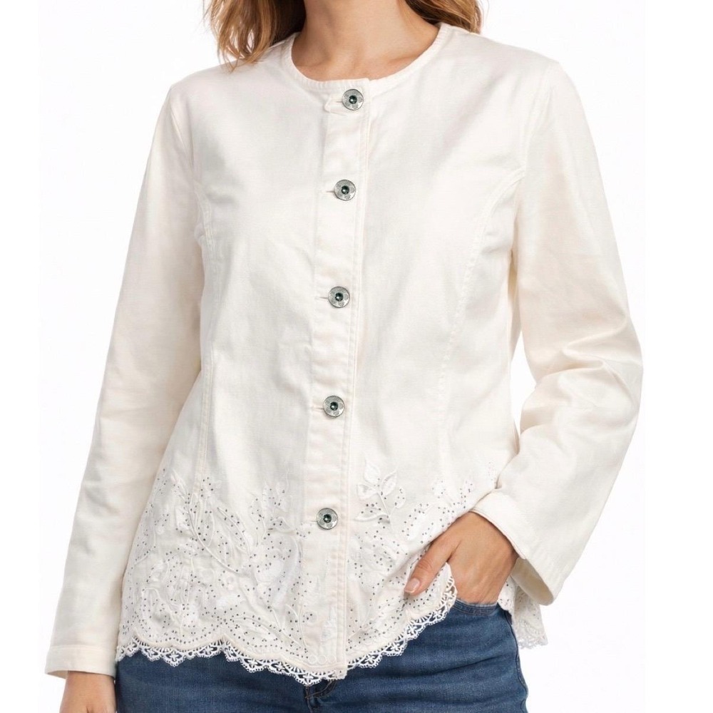 Fair Lady Embroidered Jacket‎ Button Women's 12 White Cotton Lace Jeweled Church
